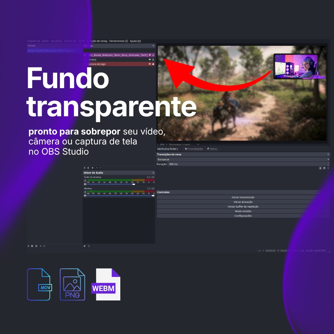 Moldura Animada com Efeito Neon para Webcam (Dark com Roxo)